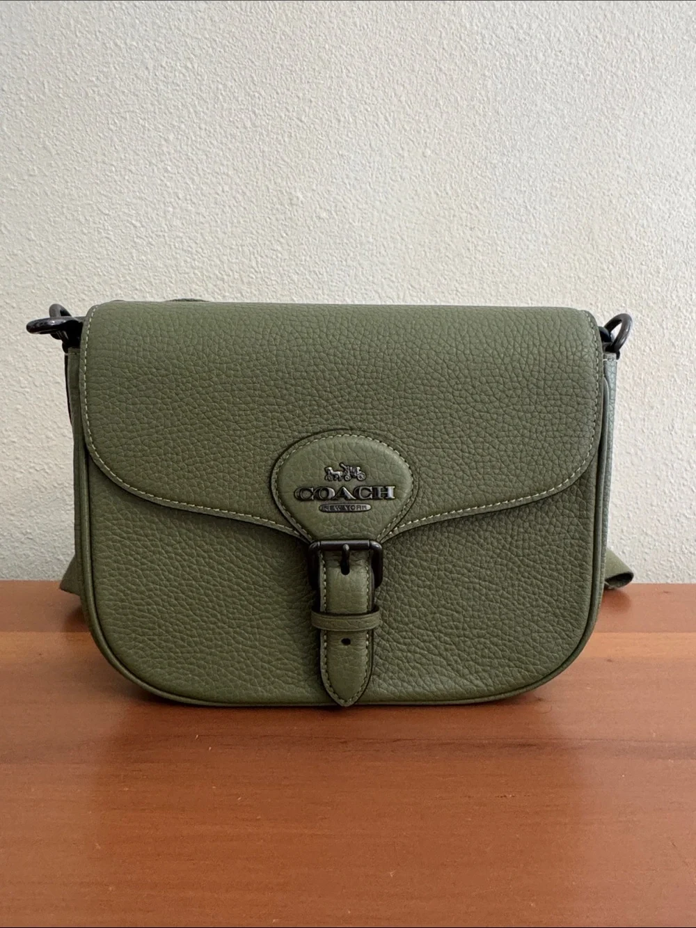 Coach Olive Green Pebbled Leather Flap Crossbody with Buckle